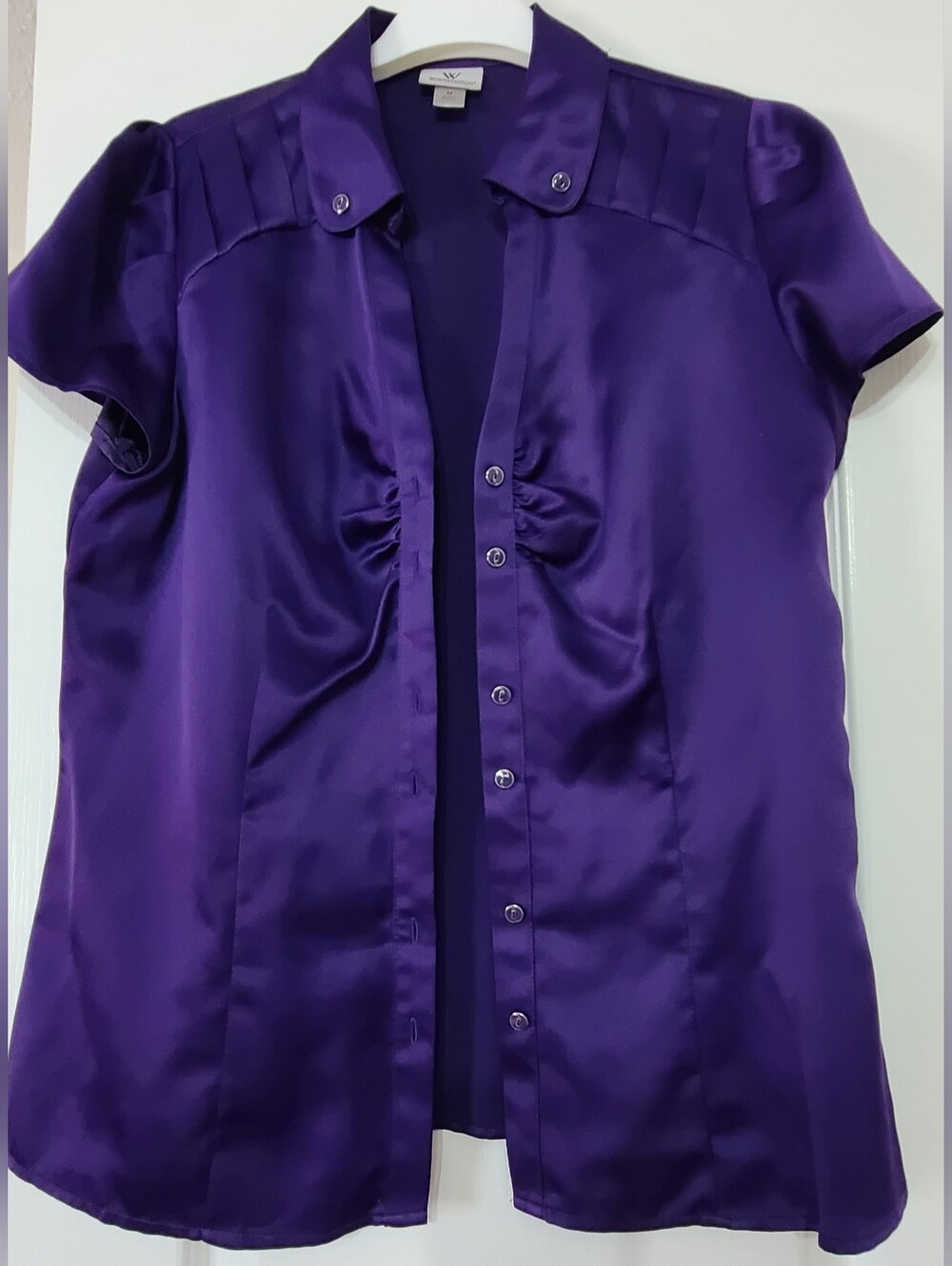 Express Purple Satin Button-Front Short Sleeve Blouse